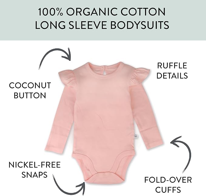 HonestBaby Baby Girls' 5-pack Long Sleeve Ruffle Shoulder Bodysuits 100% - Image 3