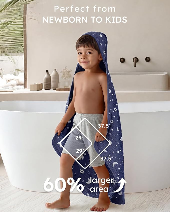 Yoofoss Hooded Baby Bath Towels 2 Pack 100% Muslin Organic Cotton - Image 3