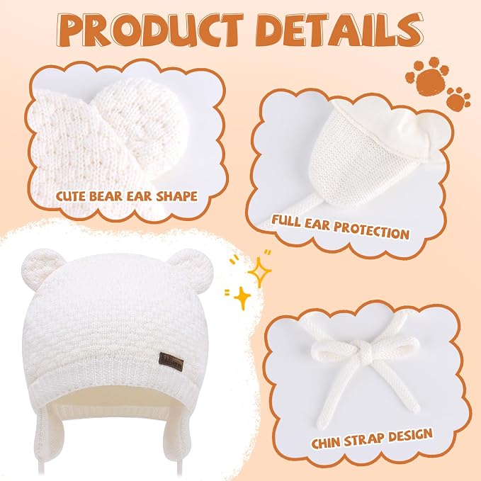 Duoyeree Baby Winter Hat, Bear Knit Earflaps Cotton Lined - Image 2