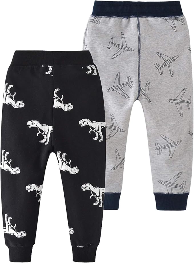 HUAER& Baby Boy's Jogger Pants Dinosaur Car Animal Print Drawstring Elastic Sweatpants 2-Pack