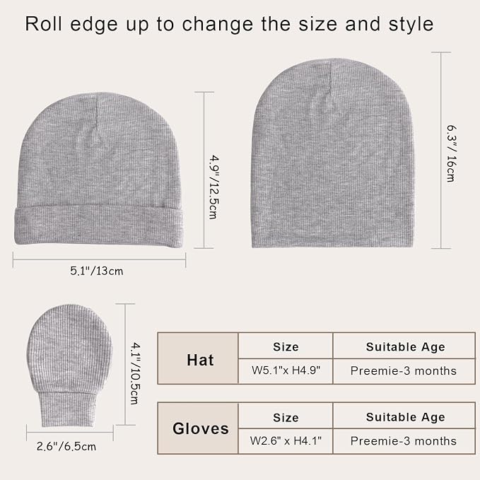 BQUBO Baby Hats and Mittens Infant Cotton Beanie Gloves No Scratch Set Newborn - Image 6