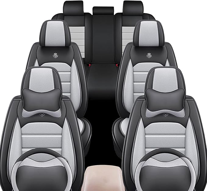JOJ Fit for Toyota Highlander 2001-2022 Car Seat Covers,7 Seat Car Seat Cover,No-Slip Waterproof Breathable Faux Leather,Full Set with Pillow Steering Wheel Covers,Black Gray
