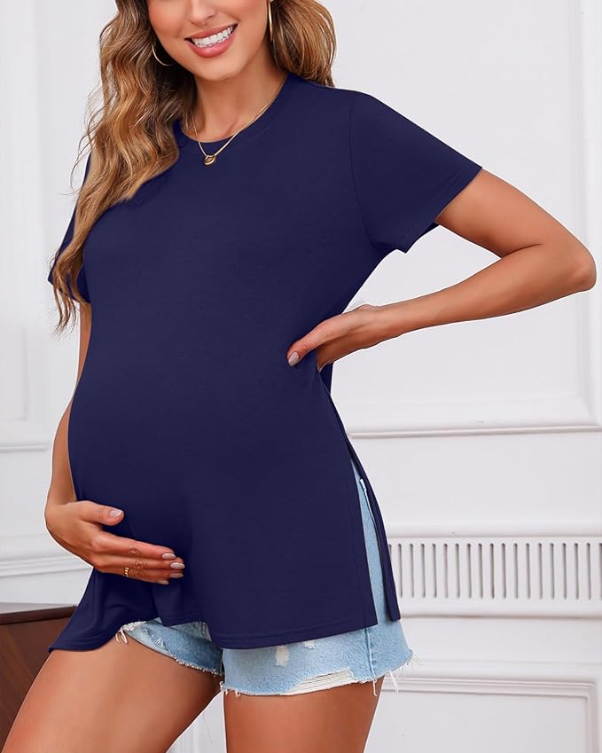 Ficerd 3 Pack Women's Maternity T Shirts, Short Sleeve Side Split Pregnancy Tops Casual Crew Neck Pregnant Tees Mama Clothes