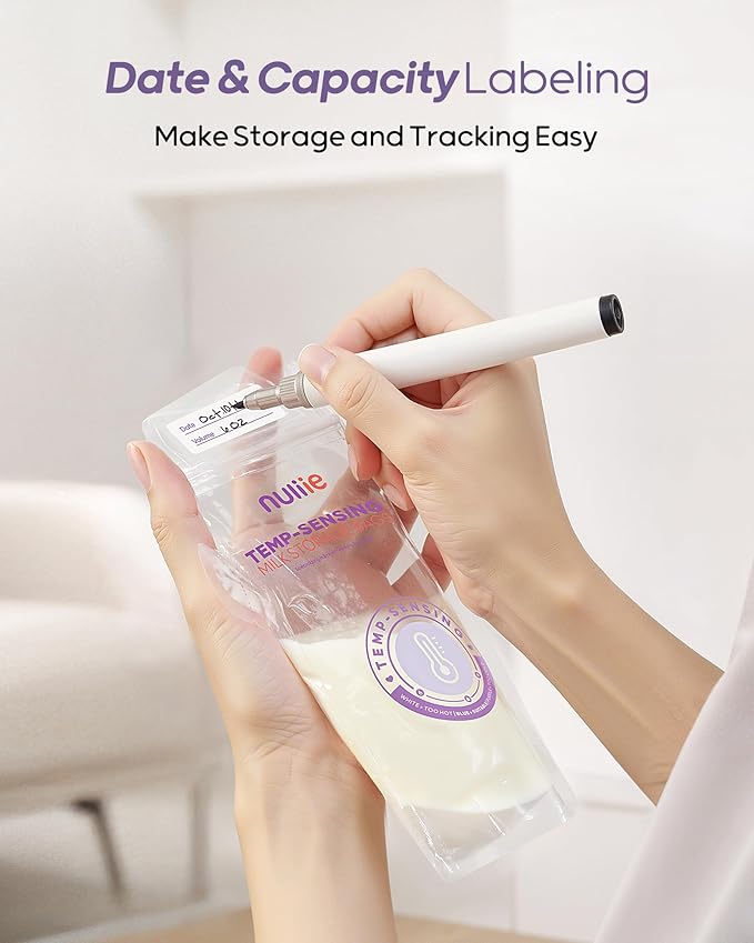 Nuliie 150pcs Temp-Sensing Breastmilk Storage Bag, Huge Temp-Sensing Icon & Locking Clamp, 6oz Breast Milk Storage Bags Freezer Pour Spout, Self Standing Milk Storage Bags Breastmilk, BPA-Free No-Leak