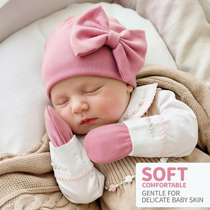 BQUBO Newborn Girls Hats Baby Hat and Mittens Set Infant Caps Bow Hospital - Image 3