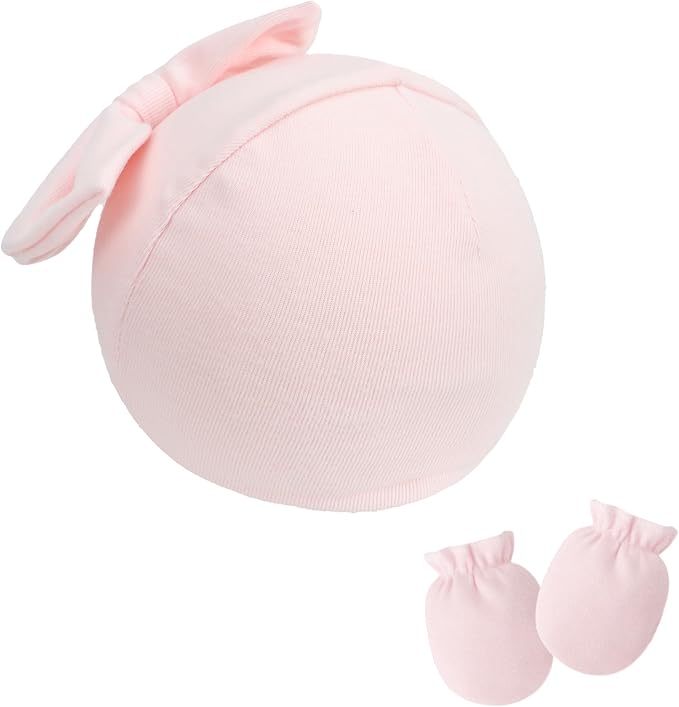 UTTPLL Newborn Beanies Cap No Scratch Mittens Set 0-6 Months Infant Bow Caps - Image 3