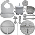 Baby Led Weaning Supplies | 10 Piece Silicone Feeding Set | Baby Toddler Bib Cup Divided Plate and Bowl Self Feeding Spoons Dish Set | Baby Utensils | Toddler Feeding Supplies (Cloud)
