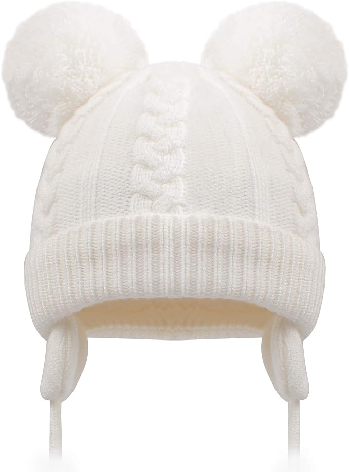 Duoyeree Toddler Winter Hat, Earflap Double Pom Pom Knit Beanie 0-36M by Duoyeree
