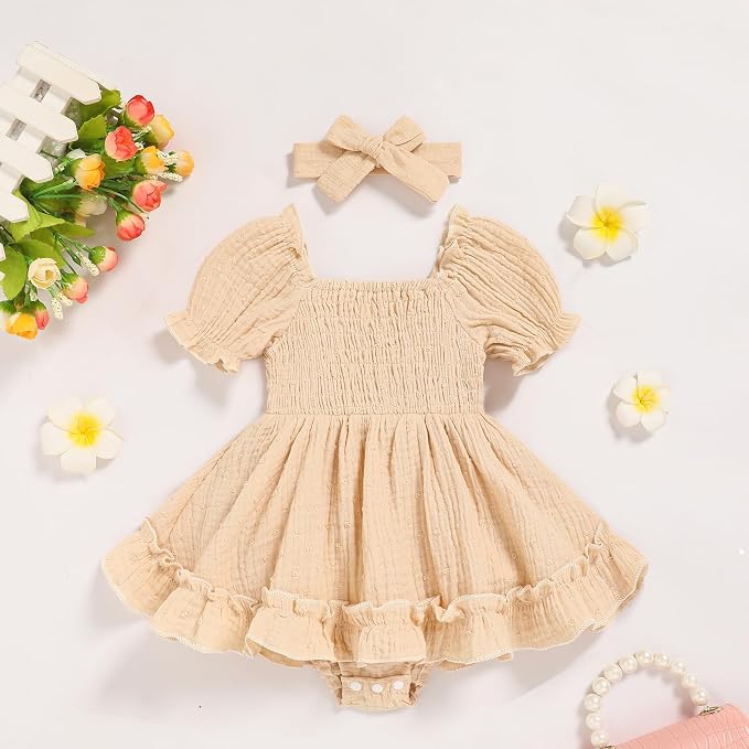 GRNSHTS Baby Girl Romper Dress, Puff Sleeve Smocked Outfit - Image 2