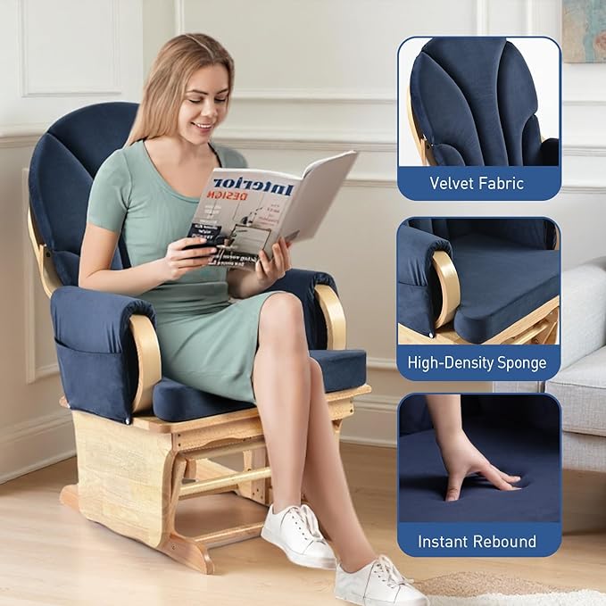 Rubber Wood Gliding Rocking Chair for Nursery, Velvet Frabic Rocking Chair Glider Rocker with Arm Rest, Padded Cushion for Living Room Bedroom Reading Room, 280lbs Weight Capacity, Blue