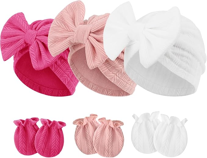 Newborn Baby Hats and Mittens Set Infant Bow Beanie Cap Toddler Gloves Newborn by AQOKKA