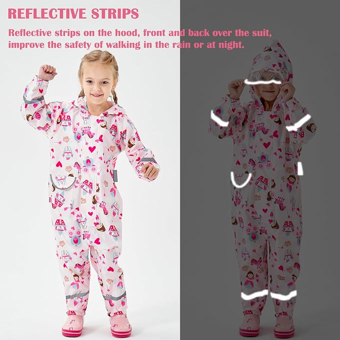 Fewlby Kids Toddler Rain Suit for Boys Girls One Piece Hoodie Zipper Cartoon - Image 4