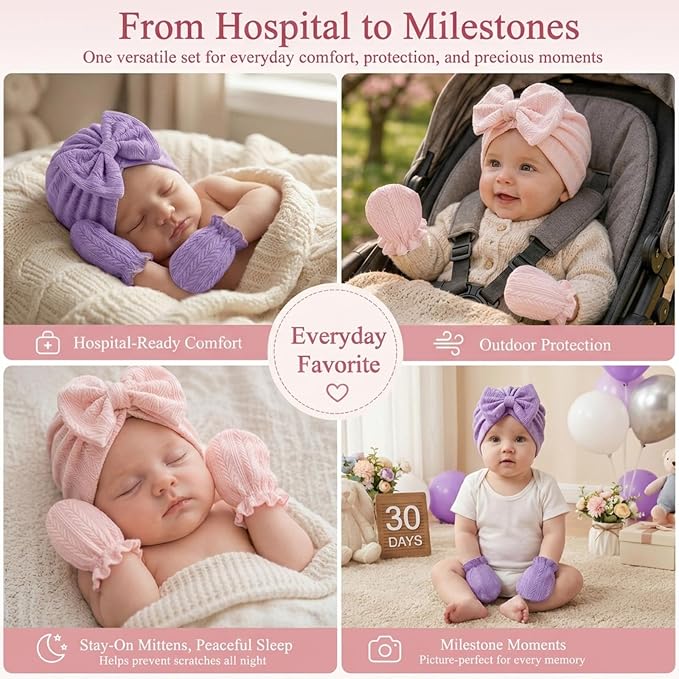 8 Sets Newborn Baby Girl Bow Hats and Mittens Turban Beanies 0-3M | Cotton - Image 4