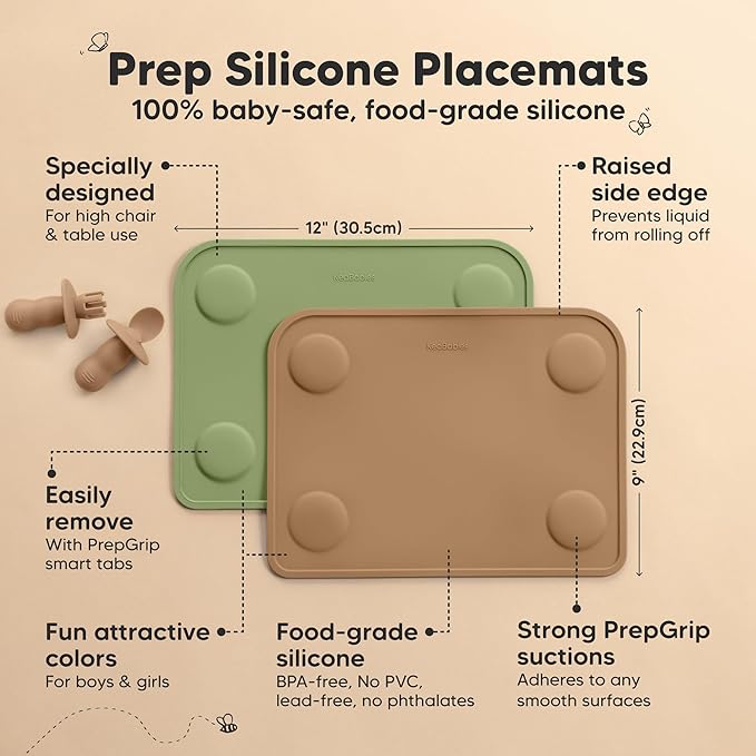 KeaBabies 2-Pack Silicone Placemats for Toddlers - 12x9 Non Slip Suction Baby Silicone Placemat for Kids Eating, Easy to Clean, Busy Travel Baby Mat for Dining Table, Food Grade/BPA-Free (Desert)