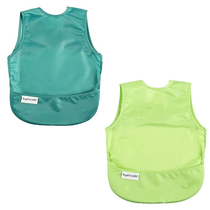 Tiny Twinkle Short Sleeve Apron Bibs for Babies & Toddlers – 2 Pack Waterproof, Mess-Proof Baby Bibs for Eating & Feeding, Machine Washable,Perfect Holiday Gift(Rainforest, 6–24M)