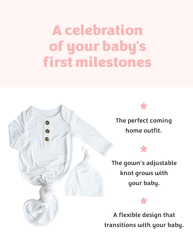 Caden Lane Newborn Knotted Gown with Hat, Soft Bamboo Viscose Baby Sleep Sack, Unisex Infant Nightgown, Breathable Sleepwear