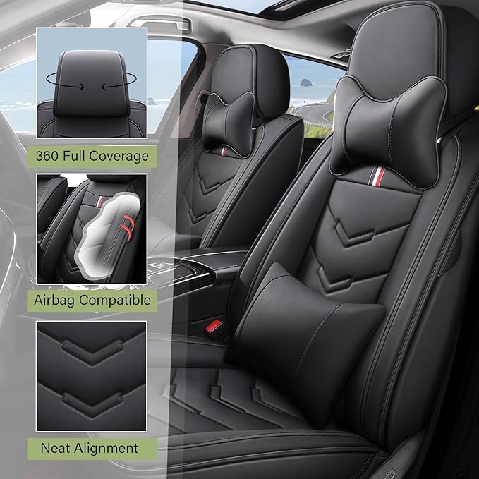 Leather Car Seat Covers Fit for LR Defender 2020-2025, 5 Seater Waterproof and Wear-Resistant Seat Cover Interior Accessories(Full Set with Pillow,Black)