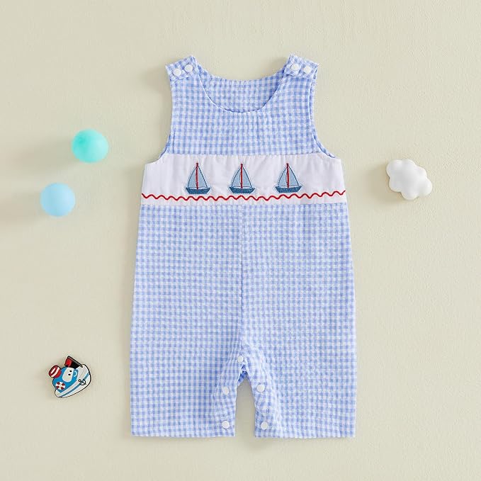Newborn Baby Boys Sleeveless Seersucker Romper One Piece Straps Overalls - Image 2