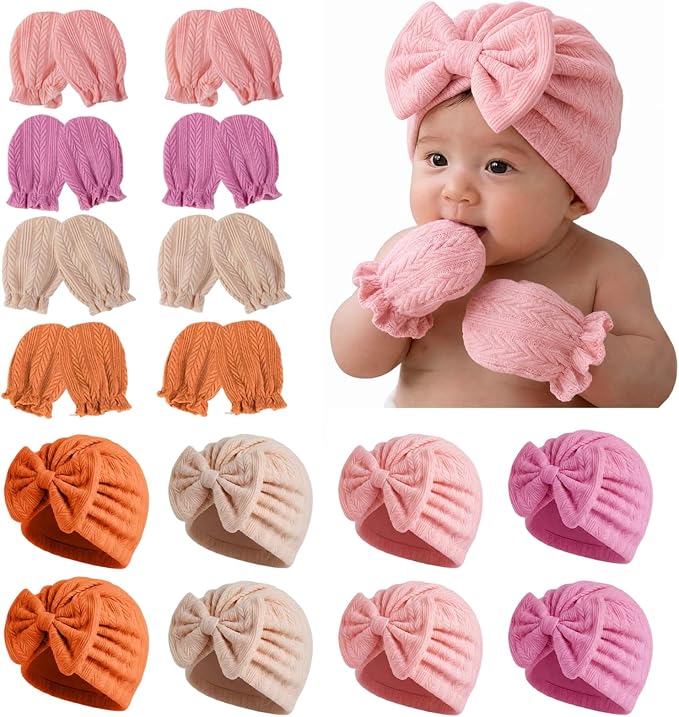 8 Sets Newborn Baby Girl Bow Hats and Mittens Turban Beanies 0-3M | Cotton by AHDSGJH