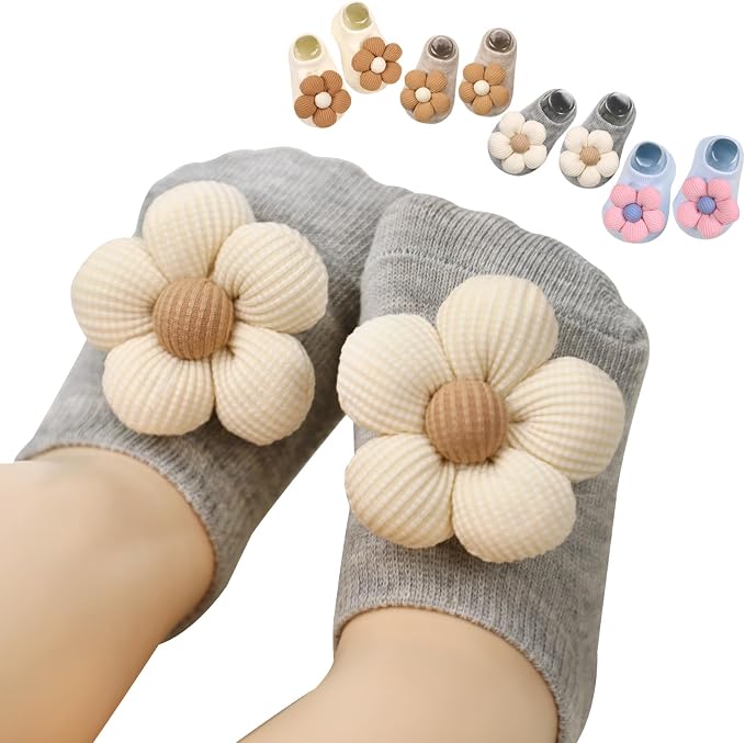 4Packs Baby Girls Socks, Flower Non-Slip Grips by KEAINVRN