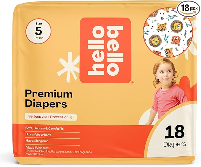 Hello Bello Diapers, Size 5 (27 lbs) Wild Cats, 18 Count of Premium Disposable Baby Diapers, Hypoallergenic with Soft, Cloth-Like Feel