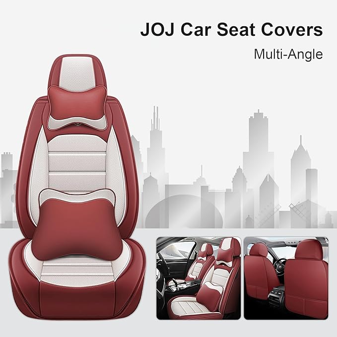 JOJ Car Seat Cover Fit for Toyota Highlander 2001-2025,7 Seat Car Seat Cover,No-Slip Waterproof Breathable Faux Leather,Full Set with Pillow Steering Wheel Covers,Cream Red