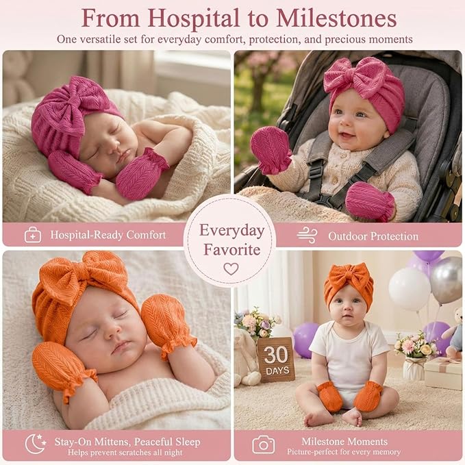 8 Sets Newborn Baby Girl Bow Hats and Mittens Turban Beanies 0-3M | Cotton - Image 3