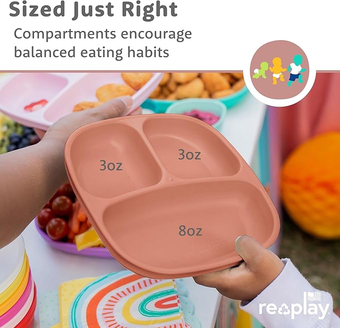 Re-Play Toddler Plates with Dividers - Deep-Walled 3 Compartments Divided Plates for Kids with 3 Lids - Dishwasher & Microwave Safe - Made in USA - Set of 3-7.37" x 7.37" x 1.25" - Desert Sands