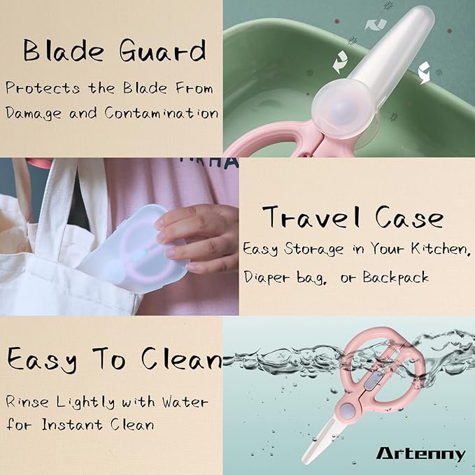 Baby Food Scissors with Travel Case, Ceramic Food Scissors Kids, Toddler Scissor with Safety Lock, Ideal for Pizza, Meats, Noodles, Vegetables, and Fruits (C)