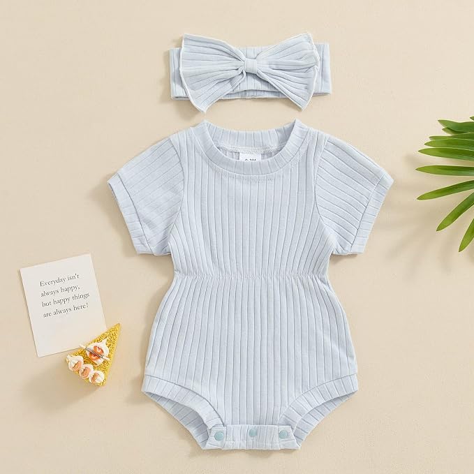 FOCUSNORM Baby Girl Summer Clothes Ribbed Short Sleeve Romper Solid Color - Image 2