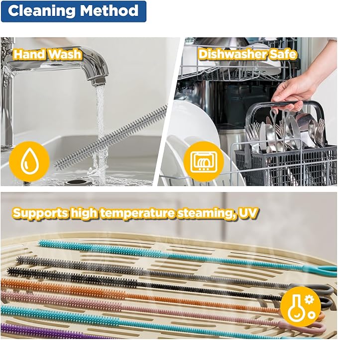 YOTIME Silicone Straw Cleaner Brush, 2Pcs Reusable Straw Brush Extra Long for Cleaning Tumbler with Handle and Glass Metal Smoothie Straws, Non-slip Handle Soft and Bendable, 6mm+9mm, Gray