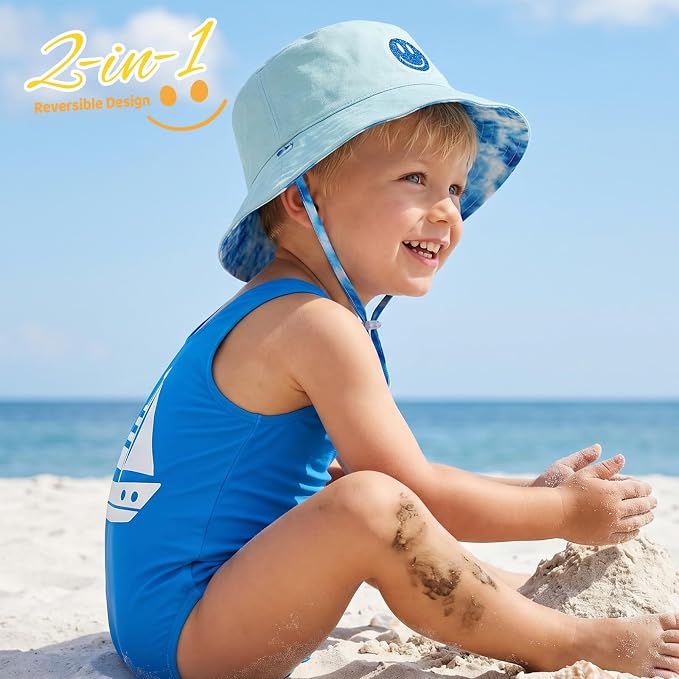 Toddler Hat Reversible Bucket Hat Happy Face Sun Hat Adjustable Chin Strap - Image 5