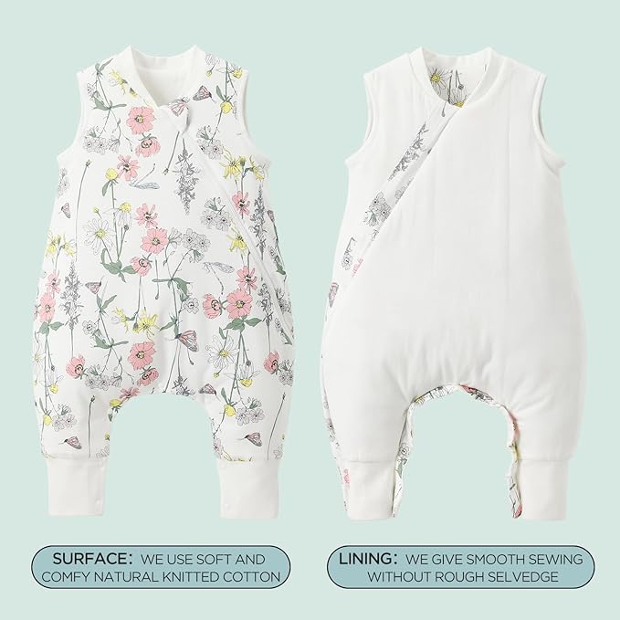 Duomiaomiao 1.5 TOG Toddler Sleep Sack 24-36 Months 102% Cotton Four Season Side Open Zipper Baby Sleep Sack with Feet, Breathable Toddler Wearable Blanket