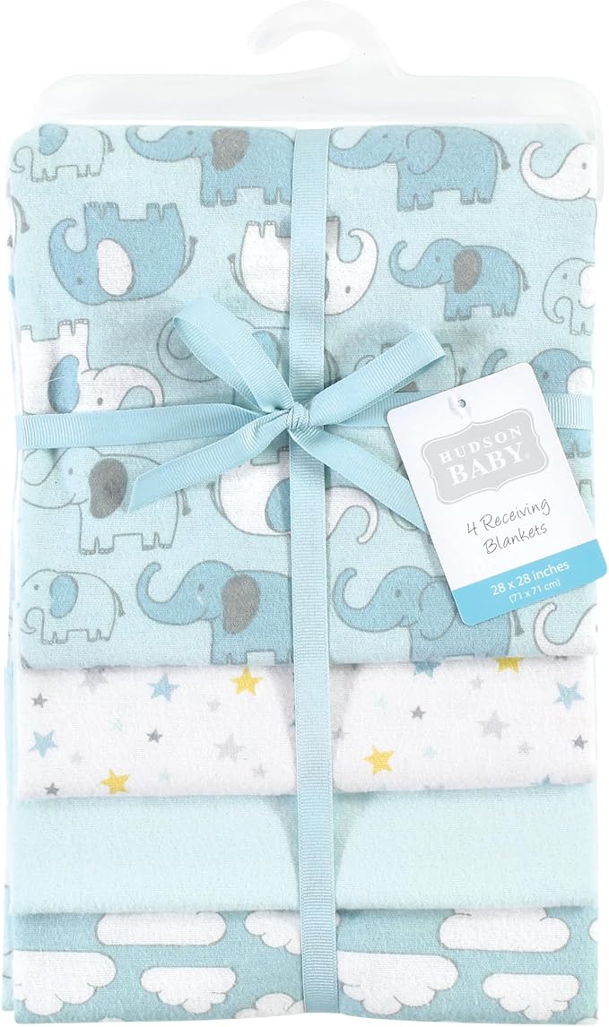 Hudson Baby Unisex Baby Cotton Poly Flannel Receiving Blankets, Boy New Elephant - Image 2