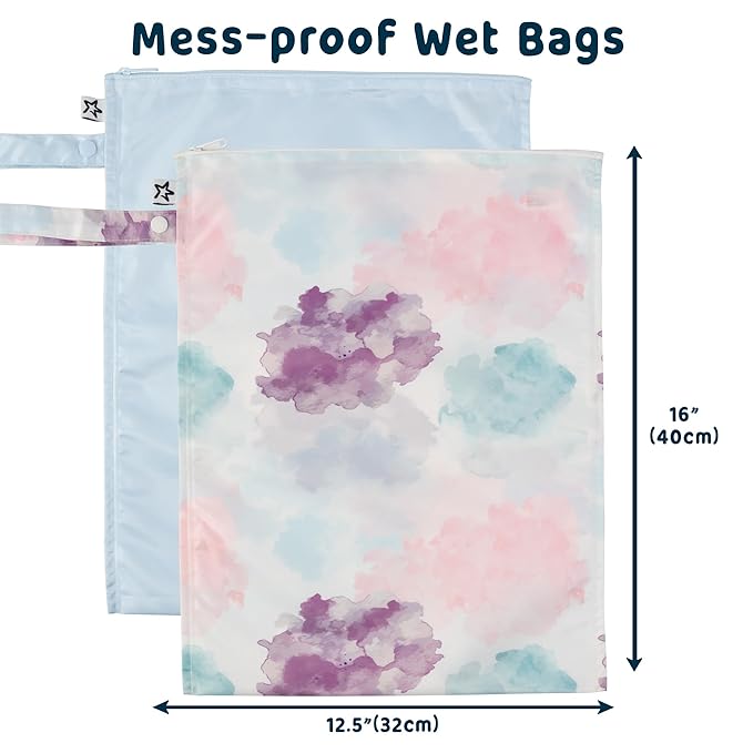 Tiny Twinkle Wet Dry Bag – 2 Pack Reusable Waterproof & Mess Proof Wet Bags for Swimsuits & Travel, Baby Towels & Beach Essentials,a Diaper Bag Must-Have(Cotton Candy)