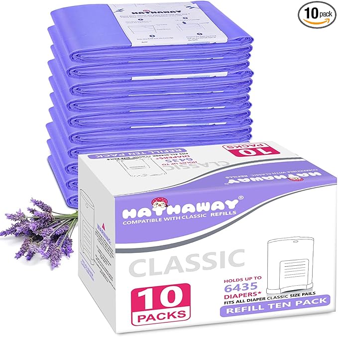 Diaper Pail Refill Bags Compatible With Dekor Classic Diaper Pail, Extra 30% Length, Lavender Scent, 10 Pack