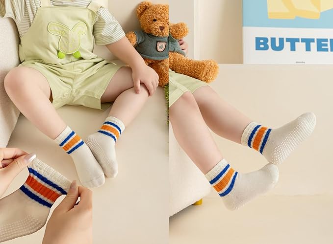 Toddler Grip Socks with Non-Slip Unisex Baby Stripe Crew Cotton Socks | Retro - Image 4