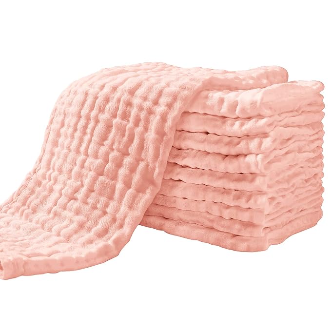 Yoofoss Muslin Burp Cloths for Baby 10 Pack 100% Organic Cotton Baby Washcloths for Boys Girls Large 20''X10'' Super Soft and Absorbent Blush