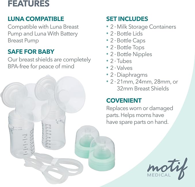 Motif Medical Luna Double Breast Pump Replacement Parts - Breast Pump Parts W/Bottles, Nipples, Tubing, Valves, Breast Shields (21mm), Diaphragms, Connectors & More - Safe Easy-to-Use Breast Pump Kit