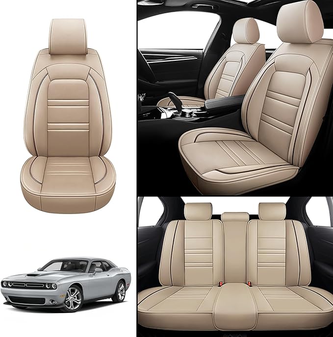 Seat Covers for Dodge Challenger 2008-2023 | 5-Seats Leather Seat Covers, Easy to Install Automotive Seat Covers Full Set (Full Set, Beige)