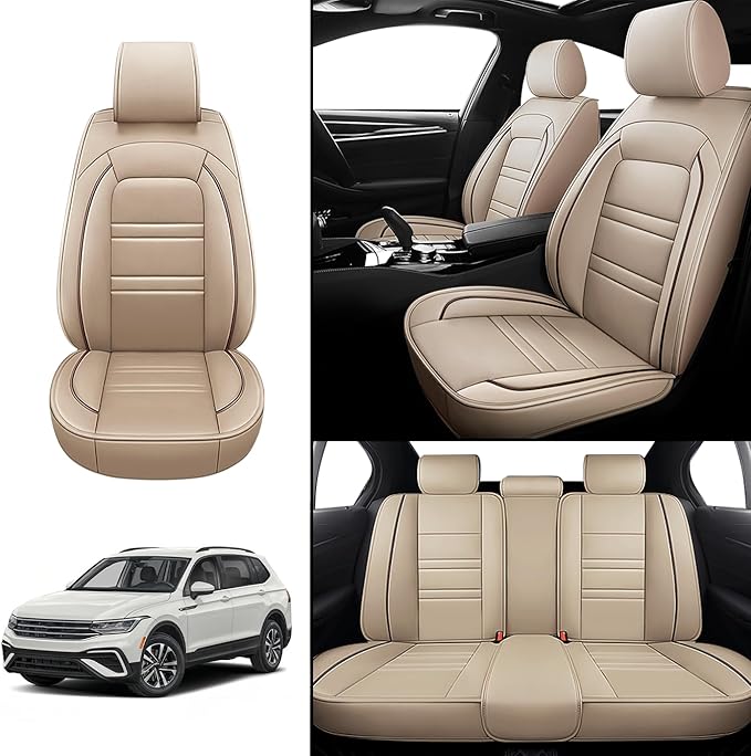 Seat Covers for VW Car tiguan 2009-2025 | 5-Seats Leather Seat Covers, Easy to Install Automotive Seat Covers Full Set (Full Set, Beige)