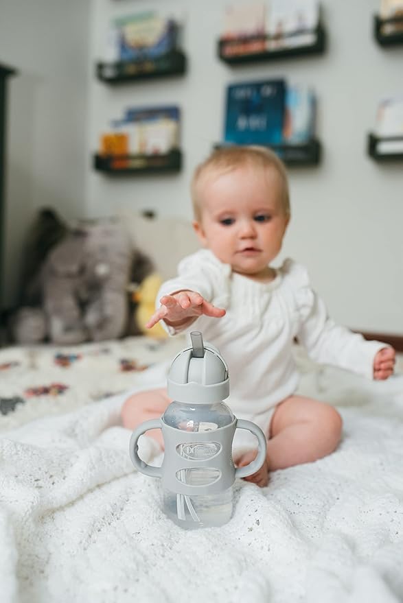 Dr. Brown's Milestones Wide-Neck Sippy Straw Bottle with 100% Silicone Handles and Weighted Straw, 9 oz/270 mL, Gray, 6m+ (Pack of 6)