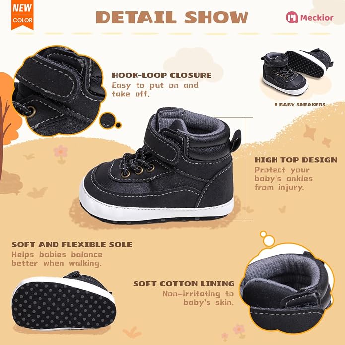 Meckior Toddler Baby Boys Girls High Tops Ankle Sneakers Soft Anti-Slip Sole PU - Image 5