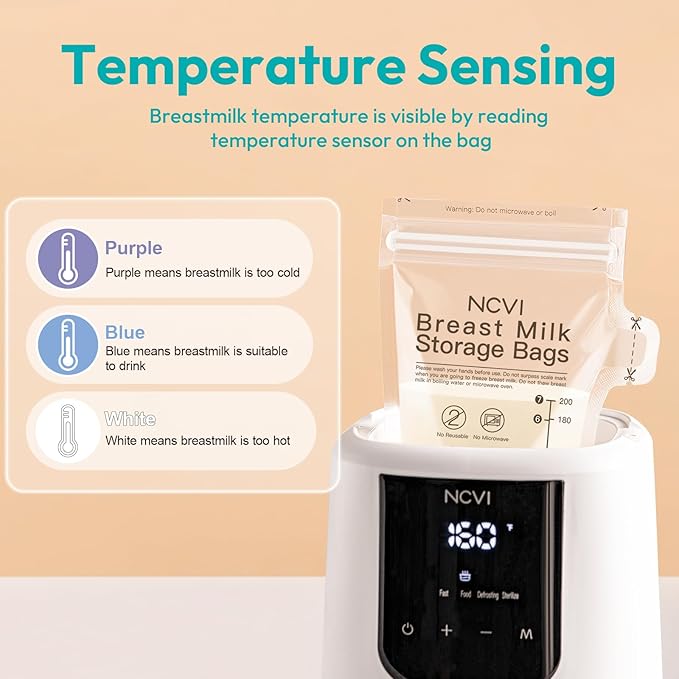 NCVI Breastmilk Storage Bags, 90 Count Milk Storage Bags for Breastfeeding, 7oz Breast Milk Storage Bags with Temp-Sensing, Doubled-Sealed, Hygienically, Self Standing, Easy Pour Spout, BPA Free