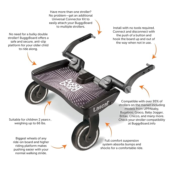 Lascal BuggyBoard Maxi Universal Stroller Board, Fits Strollers Including UPPAbaby, Baby Jogger, Bugaboo, No Need for a Double Stroller for Infant and Toddler, Max Weight 66 lbs, Black