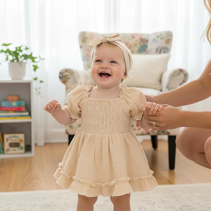 GRNSHTS Baby Girl Romper Dress, Puff Sleeve Smocked Outfit - Image 4