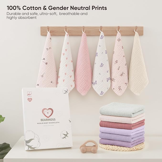 Bearmoss 12 Pack Baby Muslin Washcloths, 100% Cotton 10"x10" Face Towels - Image 7