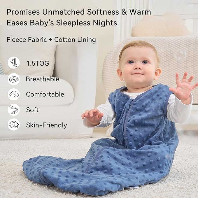 Fleece Baby Sleep Sack 6-12 Months with Plush Dots 1.5 Tog Baby Wearable Blanket with 2-Way Zipper Warm Sleeping Sack for Toddler Infant Newborn - Medium, Blue&Green