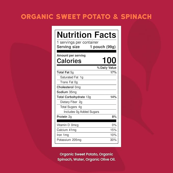 Serenity Kids 6+ Months Veggie Puree Baby Food Pouches - USDA Organic - No Sugary Fruits or Added Sugar - Allergen Free - 3.5 Oz BPA-Free Pouch - Sweet Potato & Spinach - 6 Count - Sweet Potato Puree