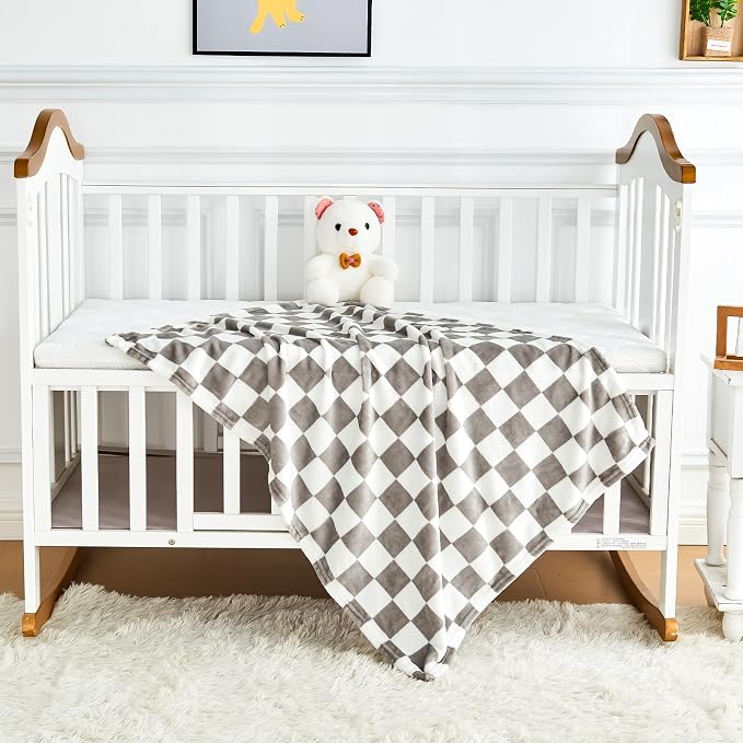 Yurhap Checkered Baby Blanket Fleece Baby Blankets Neutral - Image 4